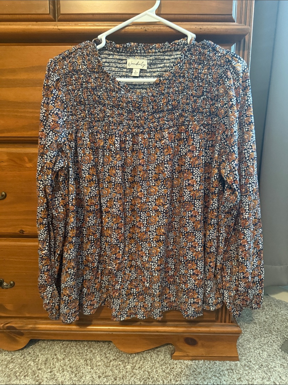 Wonderly Rust & Navy Floral Smocked Long-Sleeve Blouse